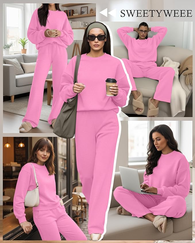 Sweetyweee Women's 2 Piece Outfits Set Fleece Lined Lounge Sweatsuit Crewneck Pullover Top Wide Leg Pants Casual Tracksuit