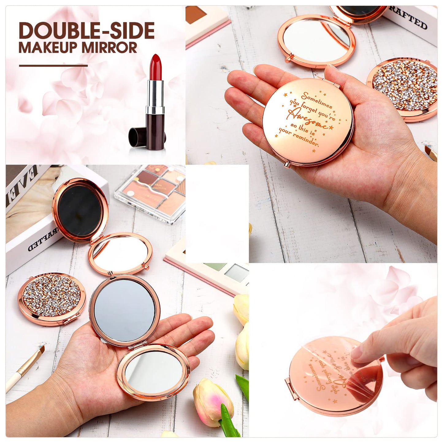 Roowest 10 Pcs Inspirational Compact Mirror Sometimes You Forget You're Awesome Appreciation Gifts for Women Group Employee Coworker Housekeeping Thank You Favors Magnifying Pocket Mirror (Rose Gold)