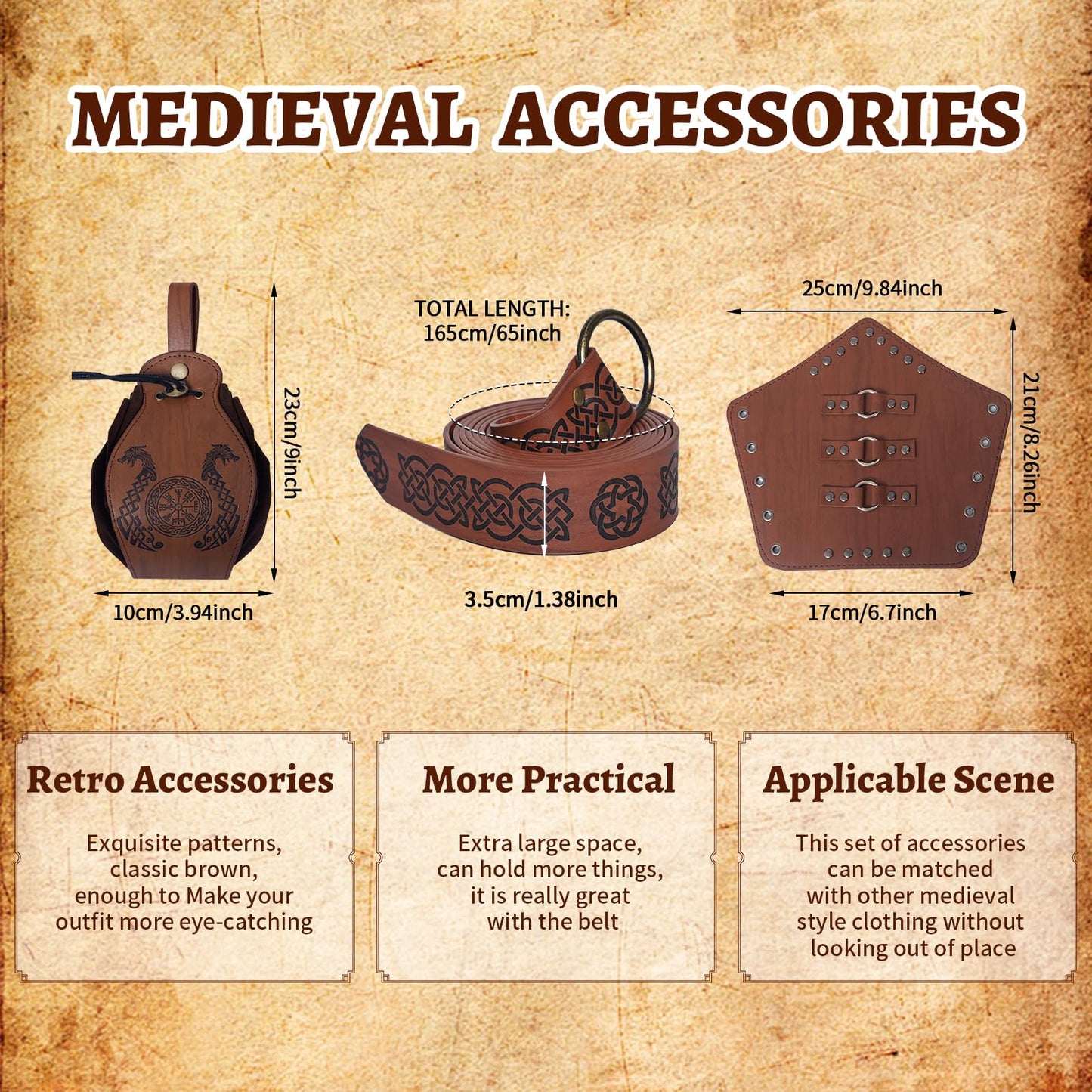 FSUJWOA 5 Pcs Renaissance Women Costume Medieval Hooded skirt Vintage Arm Guard Printed Belt and Waist bag (Black, Large)
