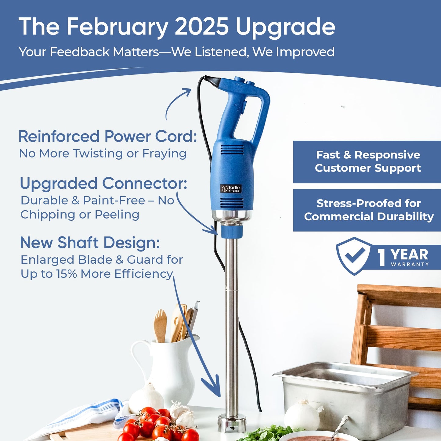 TK Commercial Immersion Blender, 750 Watt/1 HP Variable Speed Motor, 20,000 RPM X-Heavy Duty with Performance Assurance - 22"