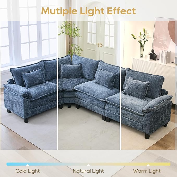 URRED Cloud Couch Modular Sectional Sofa, 116" Modern L Shaped Deep Seat Sofa with Pillows, Ultra Comfy Chenille Corner Couches for Living Room, Bedroom or Apartment, Blue