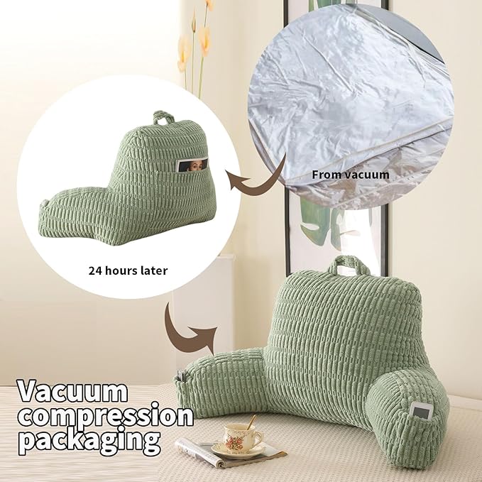 PAJEO Reading Pillow for Sitting in Bed, Large Backrest Reading Pillow with Arm Rest,Back-Rest Support Cushion for Sit Up on Couch, Sofa, and Floor, Dorm Essentials (Green Corduroy, Large(19"))