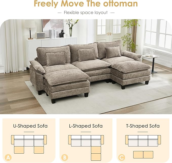 URRED Cloud Couch Modular Sectional Sofa, 122" Modern U Shaped Deep Seat Sofa with 2 Ottomans & Pillows, Ultra Comfy Chenille Couches for Living Room, Bedroom or Apartment, Khaki