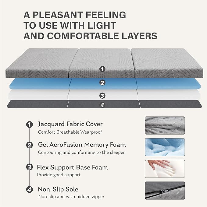 MLILY Tri-Fold Memory Foam Mattress, 6 inch Twin Folding Topper with Collapsible and Washable Cover, Travel and Guest Mat, 78"×38"×6", Grey