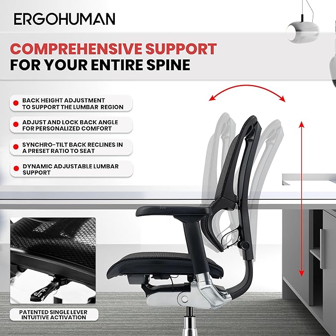 Ergohuman Eurotech ME3ERG-XTREME Mid Back Mesh Office Chair with Tilt Tension Control, Tilt Lock, Back Angle, Back Height, Synchro Tilt, Seat Height, Seat Depth, and Arm Height Adjustments, Grey
