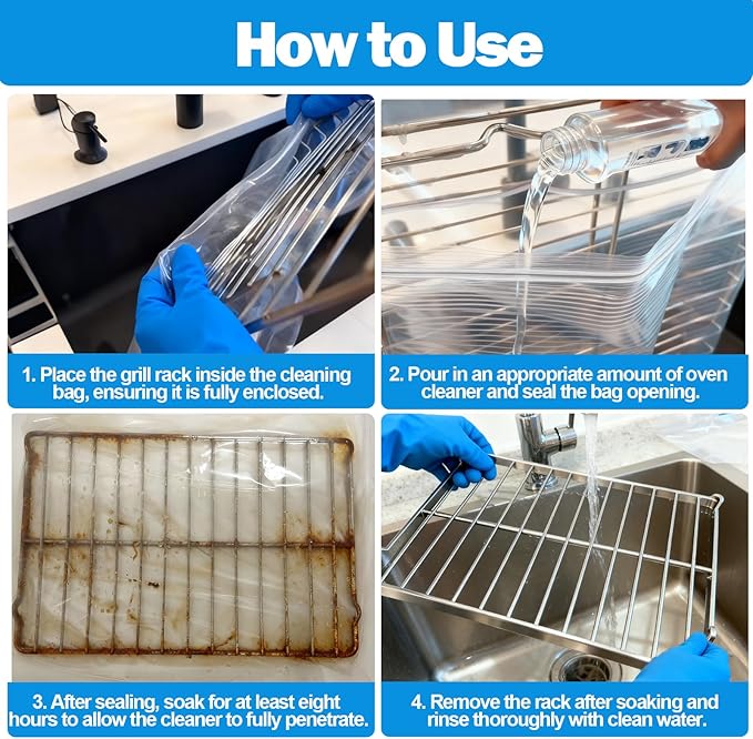 XANGNIER 3 Pack No Scrub Oven Rack Cleaning Bags 23.7*15.7 in,No Cleaner Included,Simple to Use,No Messy Hands Reusable Leakproof Soaking Cleaner Bags for Removable Metal Rack,BBQ Grills,Grill Grate