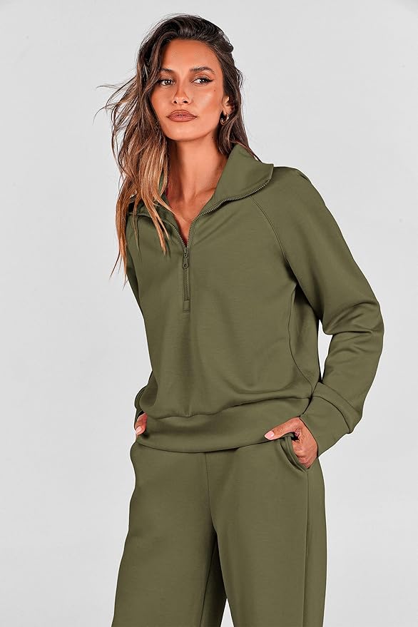 PRETTYGARDEN Women's 2 Piece Outfits Casual Lapel Half Zip Sweatshirts and Wide Leg Pants Tracksuit Sets