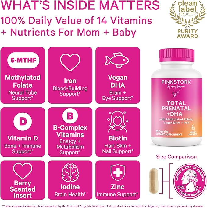 Pink Stork Total Prenatal Vitamins with DHA, Folate, Iron, Choline, and Vitamin B12 - Prenatals for Women to Support Fetal Development, Pregnancy Essentials, Berry Essence, 60 Capsules, 1 Month Supply