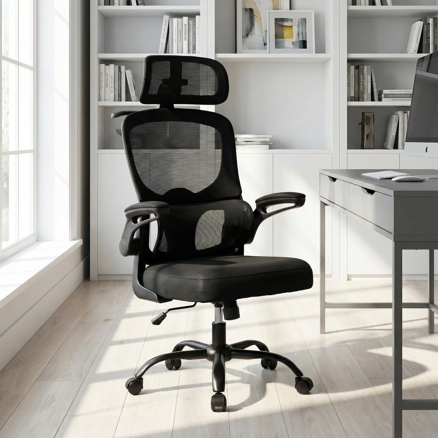 Yulincke 330Lbs Ergonomic Office Chair with 3D Headrest, Home Office Desk Chairs with Adjustable Lumbar Support,Flip-up Armrests, Thickened Cushion – Breathable Mesh Design for Long-time Sitting
