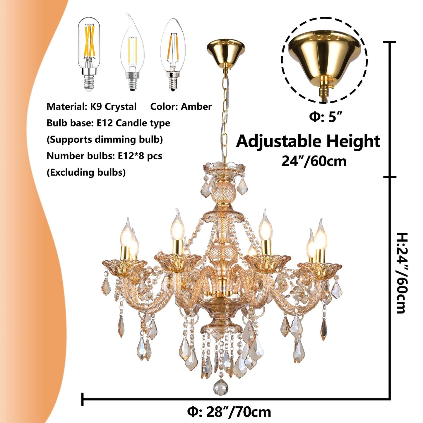 Vimatto 8-Light Amber Crystal Chandelier, K9 Crystal Modern Luxurious Crystal Candle Pendant Light, Luxury Crystal Ceiling Light Fixtures for Living Room, Kitchen, Dining Room (8 Lights)