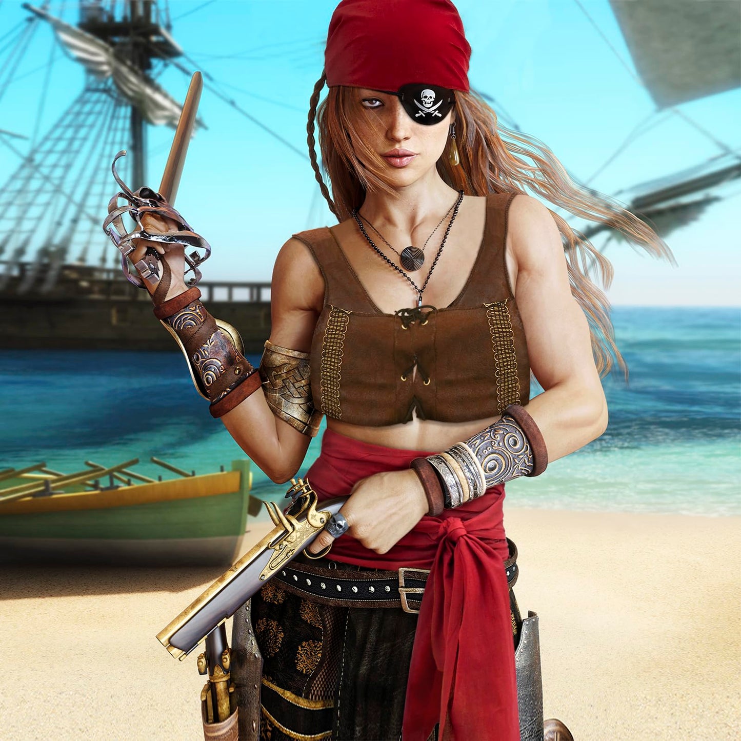 Pirate Halloween Costume, 3 Pcs Set with Head Scarf, Bandana Belt Waist Sash, Eye Patch for Halloween Costumes Cosplay (Red)