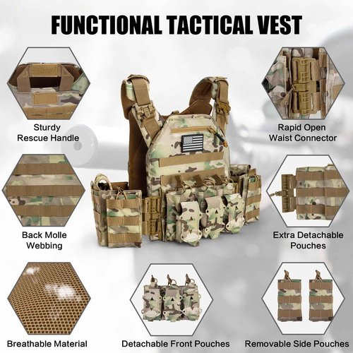 Jueachy Tactical Vest for Men Quick Release: Lightweight Molle Vest Adjustable Breathable Weighted Vest Camo