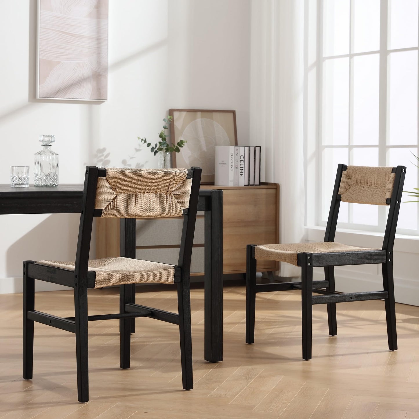 BESTANO Mid Century Modern Weave Rattan Dining Chairs Set of 4, Black Beechwood Farmhouse Boho Dining Room Chairs Wicker Chairs with Back