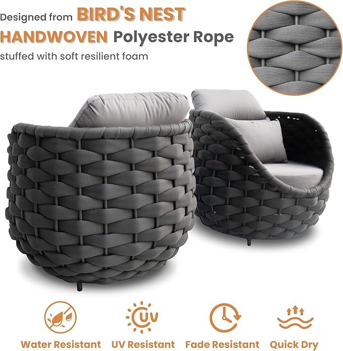 Erotr 4 Pieces Balcony Seating Set: Aluminum Woven Rope Patio Chair Furniture Set - All Weather Metal Outdoor Conversation Set - Assembled Armchair with Table for Bistro Deck Porch Apartment Hotel