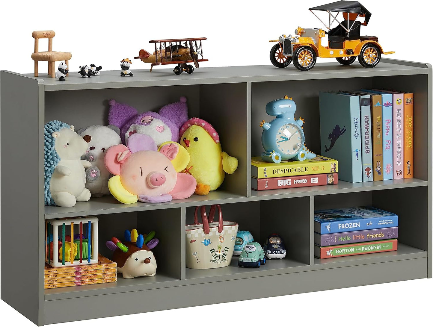 Kids Toy Storage Organizer, 5-Section Storage Cabinet for Organizing Books Toys, Wooden Bookshelf Daycare Furniture for School, Classroom Playroom, Nursery, Kindergarten (Gray)
