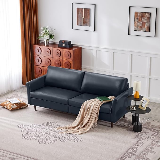 Kingfun Faux Leather 3 Seat Couch for Living Room, Mid Century Modern Sofa with Rolled Arms and Deep Seats, Fluffy Comfort for Apartment, Easy to Assemble, Blue