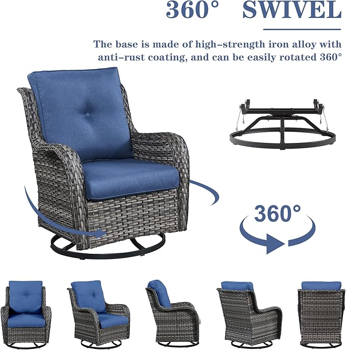 Belord Outdoor Patio Furniture Set with 50000BTU Propane Fire Pit Table, 4 Pieces Wicker Patio Conversation Set with 2 Swivel Rocker Glider Chairs Rattan Sofa Blue Cushion Perfect for Gathering