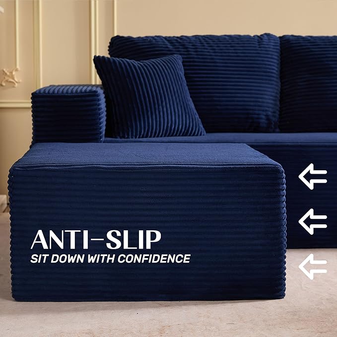 Afuson 107" Boneless Couch with Deep Seat, Modular Sectional Sofa, Cloud Sectional Couch for Living Room, No Assembly Required, Corduroy, U-Shape 3 Seater Left, Blue
