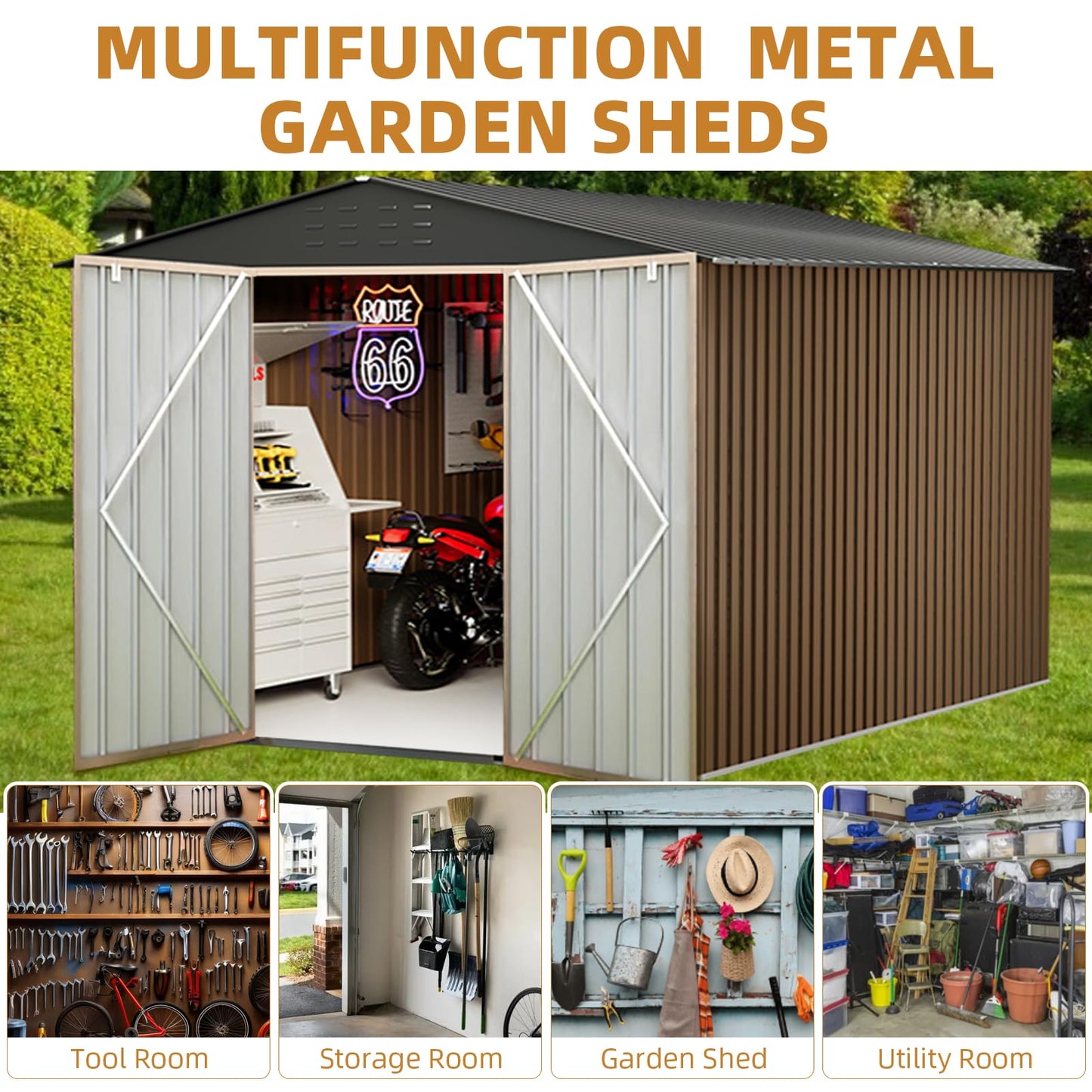 Garvee 10x10ft Metal Shed, Outdoor Garden Tool Storage Shed with Lockable Doors, Large Metal Shed with Sturdy Frame Structure, for Backyard, Patio, Lawn, Brown