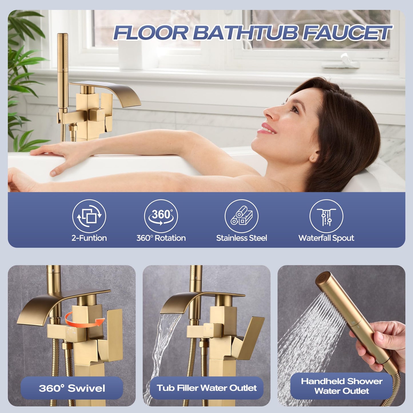 ALGRTS Waterfall Freestanding Bathtub Faucet, Floor Mount Bathroom Tub Filler Shower Faucets with Handheld Sprayer, Brushed Gold