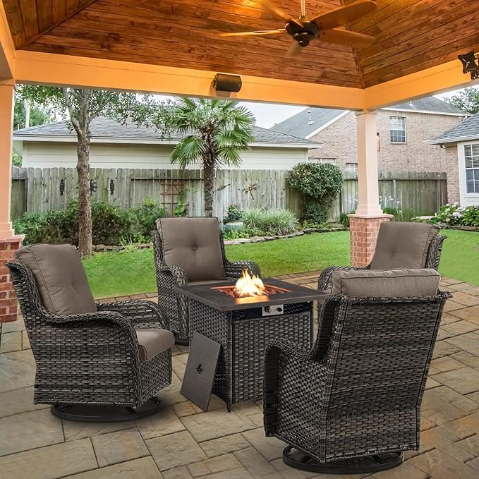 Belord 5 Pieces Patio Wicker Furniture Set - 4 Outdoor Swivel Rocker Glider Chairs with Propane Fire Pit Table, Patio Conversation Set Grey Cushion Perfect for Casual Gathering