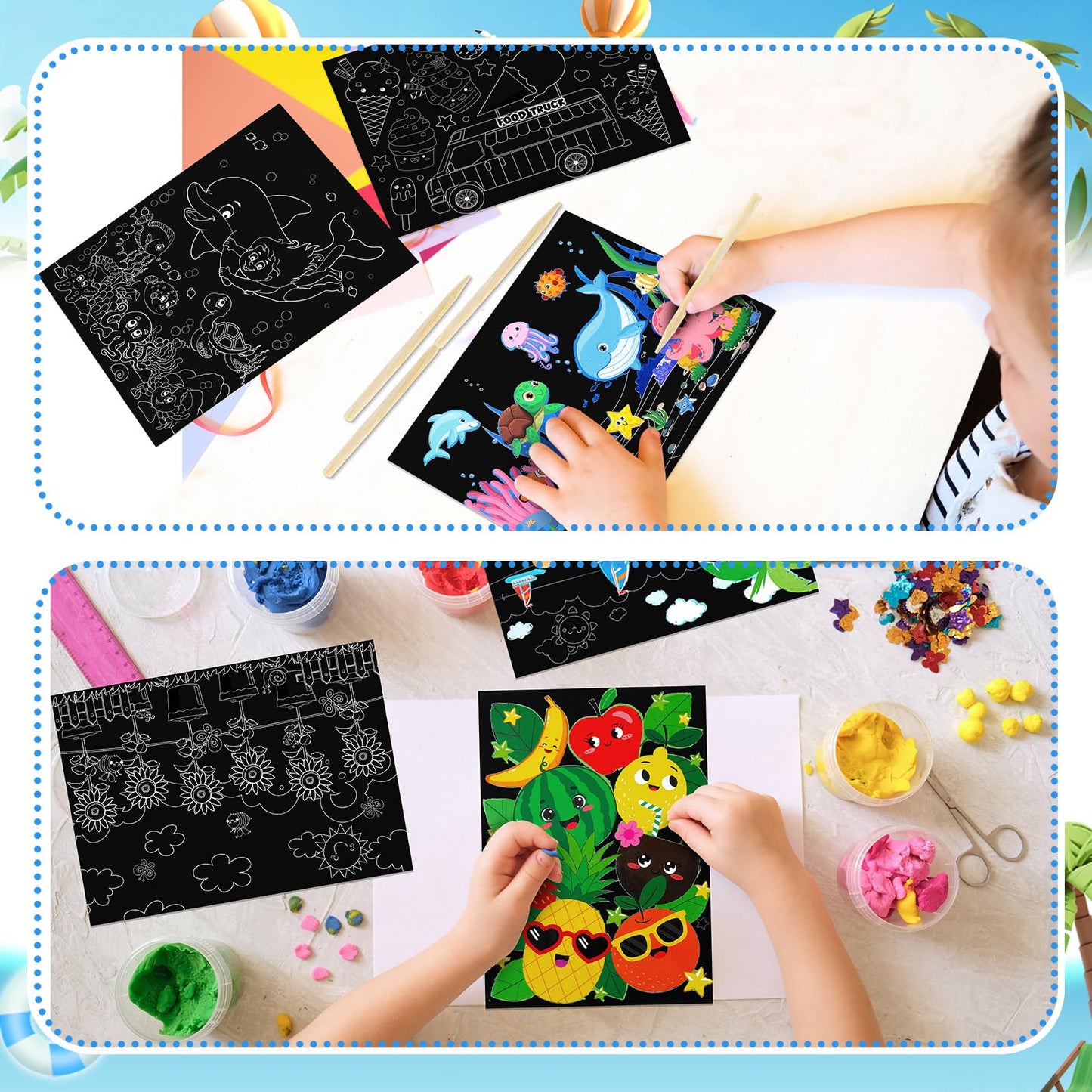 Marspark 24 Pcs Rainbow Scratch Summer Crafts Bulk Color Your Own Rainbow Scratch Paper DIY Happy Summer Magic Posters Black Off Paper Gifts Kit Doodle Posters Art for Holiday Home Party Activities