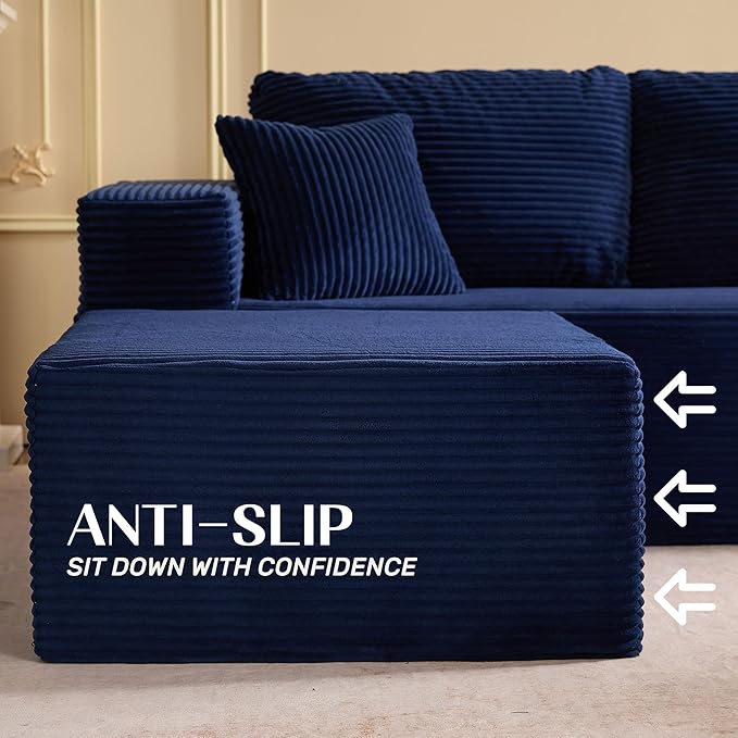 Afuson 107" Boneless Couch with Deep Seat, Modular Sectional Sofa, Cloud Sectional Couch for Living Room, No Assembly Required, Corduroy, L-Shape Left, Blue