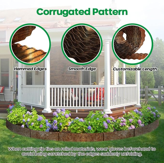 Camitlli Corrugated Metal Garden Edging,Sturdy Tall Landscape Edging Borders with 6pcs Anchor Stakes, Perfect DIY for Flower Beds, Lawn and Pathway,Tree Surrounds,Paver Edges (Pre-Rusted 8"×20FT)