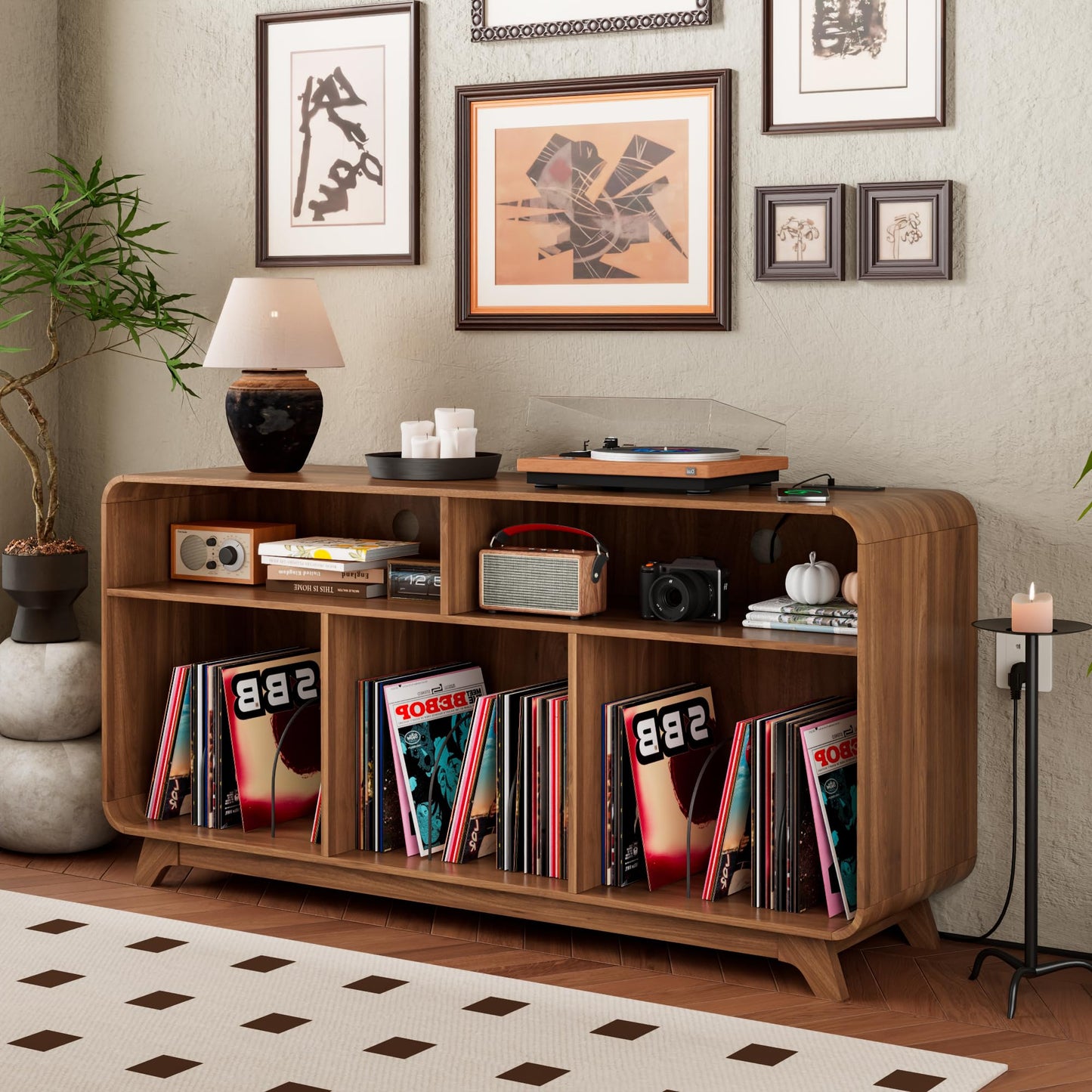 Boweniog Record Player Stand with Vinyl Storage Cabinet with Charging Station & USB Ports, Turntable Stand, Curved Vinyl Record Cabinet with Wood Legs for Bedroom Living Room (Walnut, 55inch)