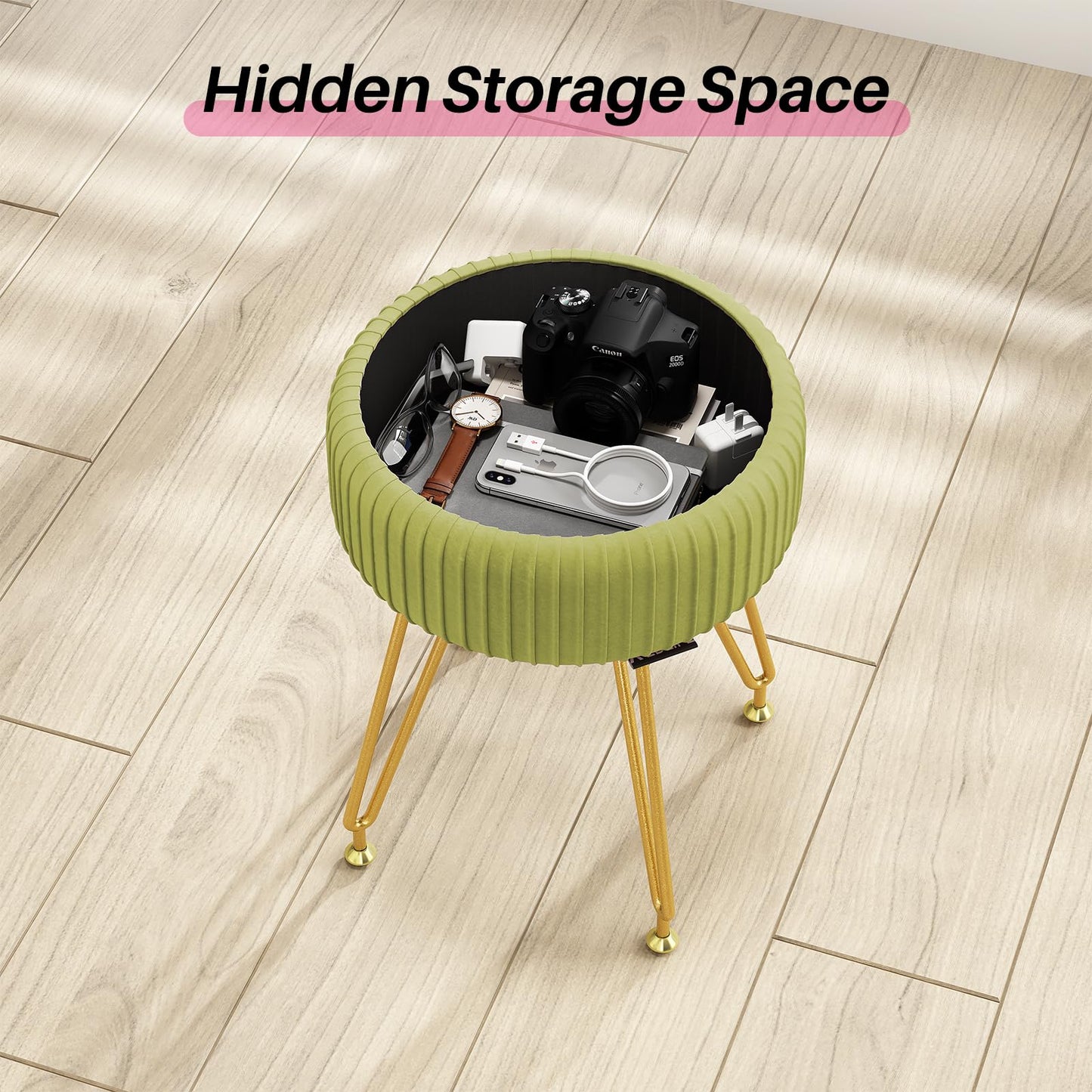 Redlife Vanity Stool with Storage, Round Makeup Vanity Stool with 4 Gold Legs Small Velvet Make Up Chair Multifunctional Storage Ottoman Stools for Makeup Room Bedroom (Light Green)