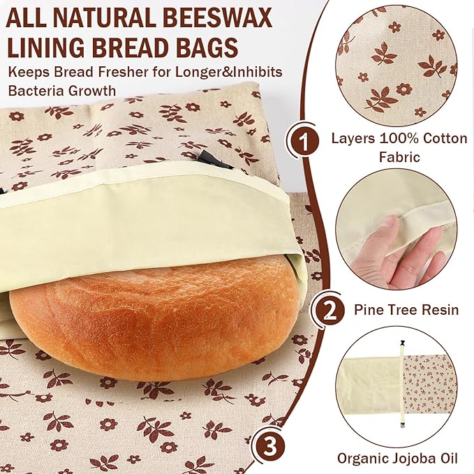 2 Pack Reusable Beeswax Bread Bags, Bags for Homemade Bread,Cotton Beeswax Bag to Keep Fresh,Sourdough Bread Bags
