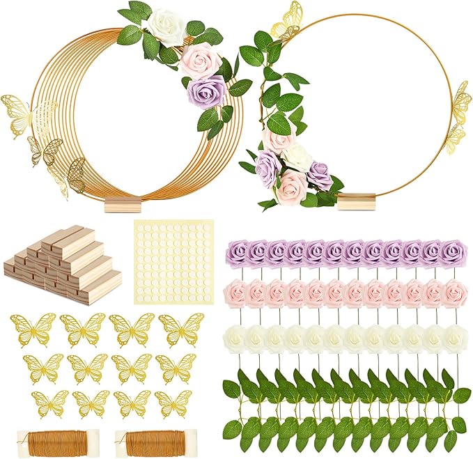 Vercraft 12 Set butterfly Metal Floral Hoop Table Centerpieces Include Metal Ring with Base 3D Butterfly Decoration, PE Fo...