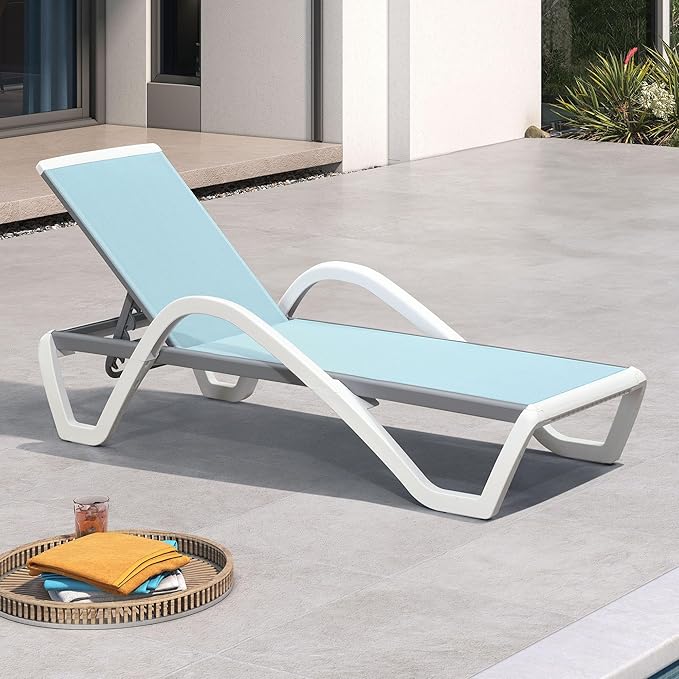 PURPLE LEAF Patio Chaise Lounge Chair with Armrests Outside Aluminum Plastic Stackable Tanning Chairs for Pool Sunbathing Beach Deck Outdoor Lounger, Light Blue