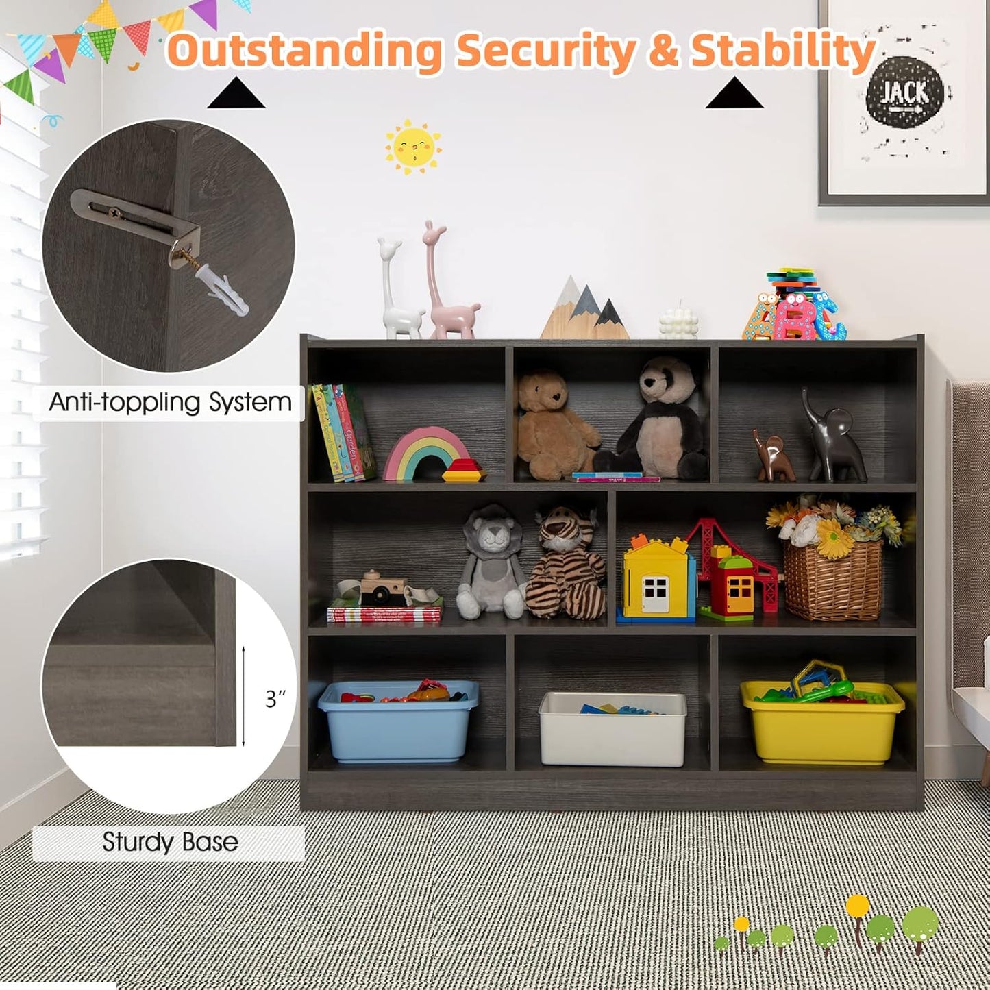 KOTEK Toy Storage Organizer, 8 Cubby Kids Bookshelf, Wooden 4-Tier Bookcase Storage Cabinet, Open Display Book Shelf for Daycare, Nursery, School Classroom, Playroom & Bedroom (Grey, 8 Cubes)