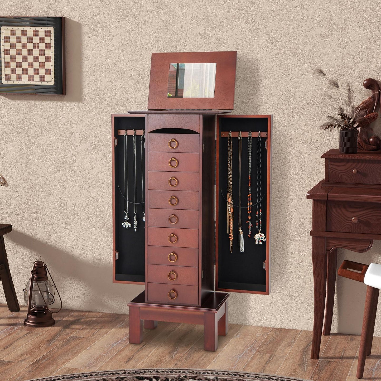 NAFORT Jewelry Armoire with Top Flip Vanity Mirror, Jewelry Cabinet with 9 Drawers and 2 Side Doors for Necklace, Large Storage Capacity Jewelry Organizer and Storage, Walnut