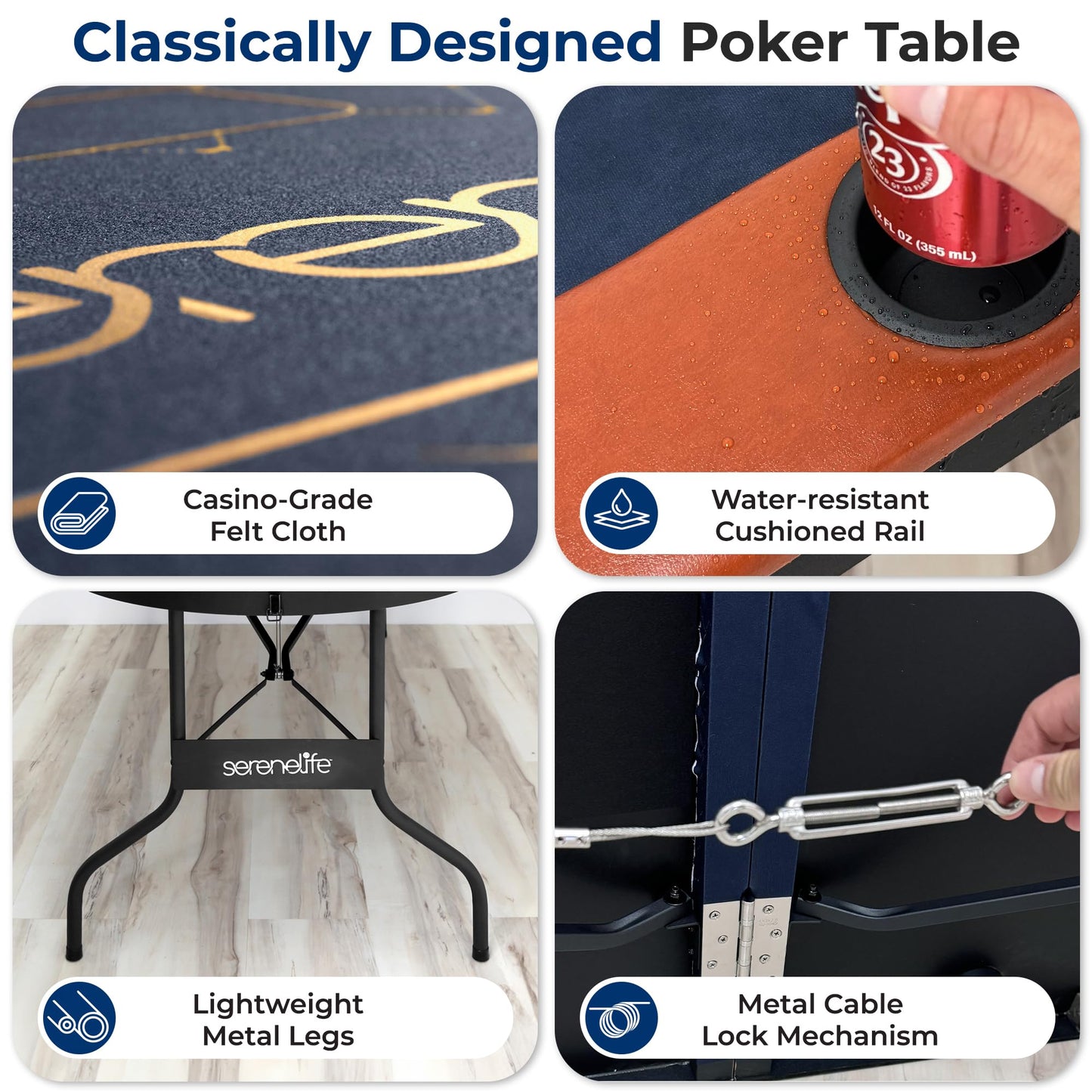 SereneLife 8 Player Foldable Poker Table, 71 inch Portable Casino Table for Texas Holdem w/Cushioned Rail & Cup Holders, Folding Game & Card Table