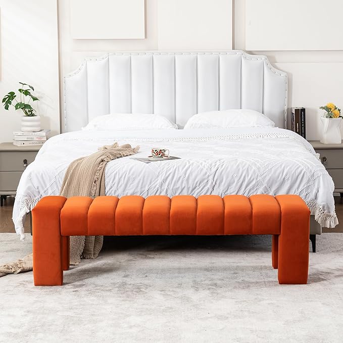 AIITTCC Velvet End of Bed Bench Upholstered Modern 59" Bedroom Bench for King Bed Bench Tufted Window Bench Comfy Long Ottoman for Living Room/Entry/Indoor (Orange, 59" Wide)