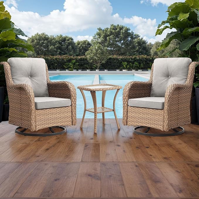 Rilyson Patio Chairs Wicker Outdoor Chair - 6 Piece Rattan Swivel Rocking Chairs Set Patio Glider Rocker Chair with Glass Top Side Table for Porch Deck Garden(Yellow/Beige)