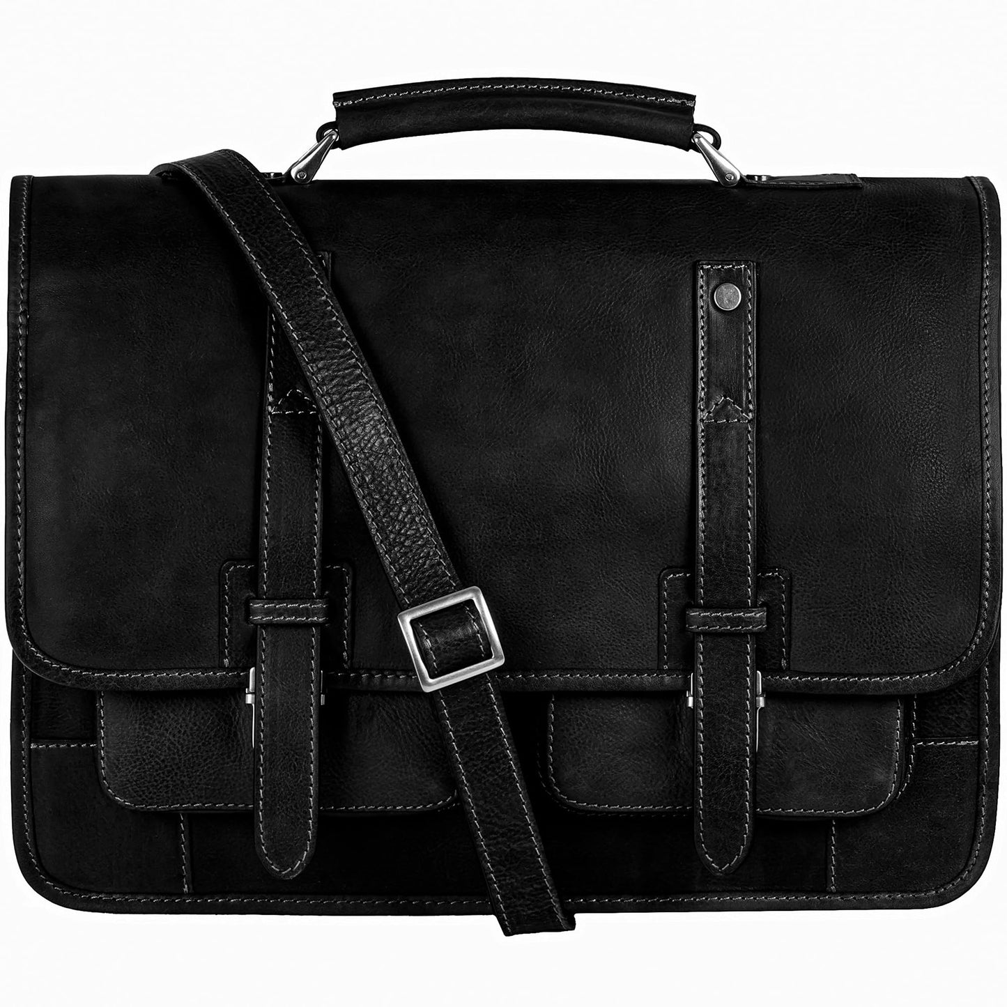 Time Resistance Leather Briefcase – Italian Handmade Leather Laptop Bag – Briefcase Convertible into Backpack (Black)