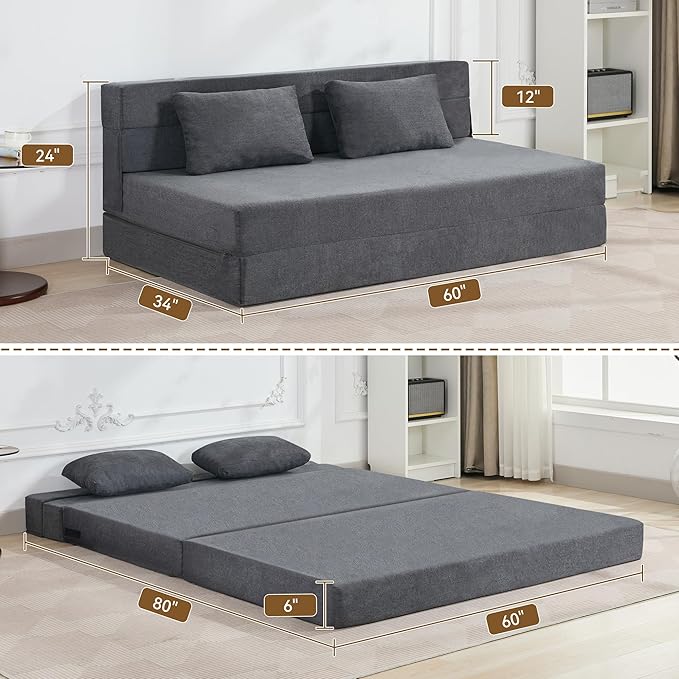 WUTUTUEE Folding Sofa Bed Convertible Floor Couch Foldable Chair Bed with Pillow，Linen Sleeper Chair Futon,Foldable Memory Foam Mattress for Bedroom/Living Room/Dorm/Office (Dark Grey, Queen)