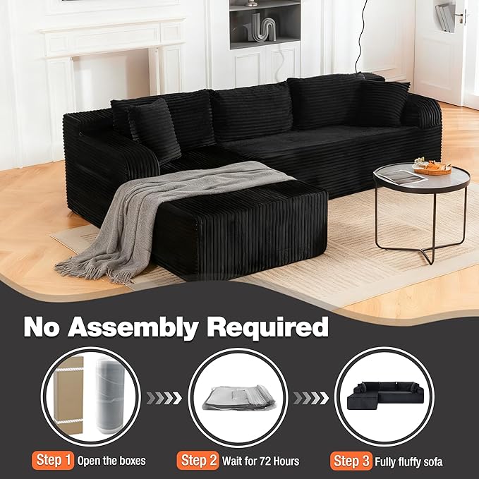 TonghuaS 106” Cloud Modular Sectional Sofa with L-Shape Chaise and Deep Seat, Corduroy Memory Foam Boneless Compressed Couch for Living Room, No Assembly Required(Left Facing Chaise, Black)