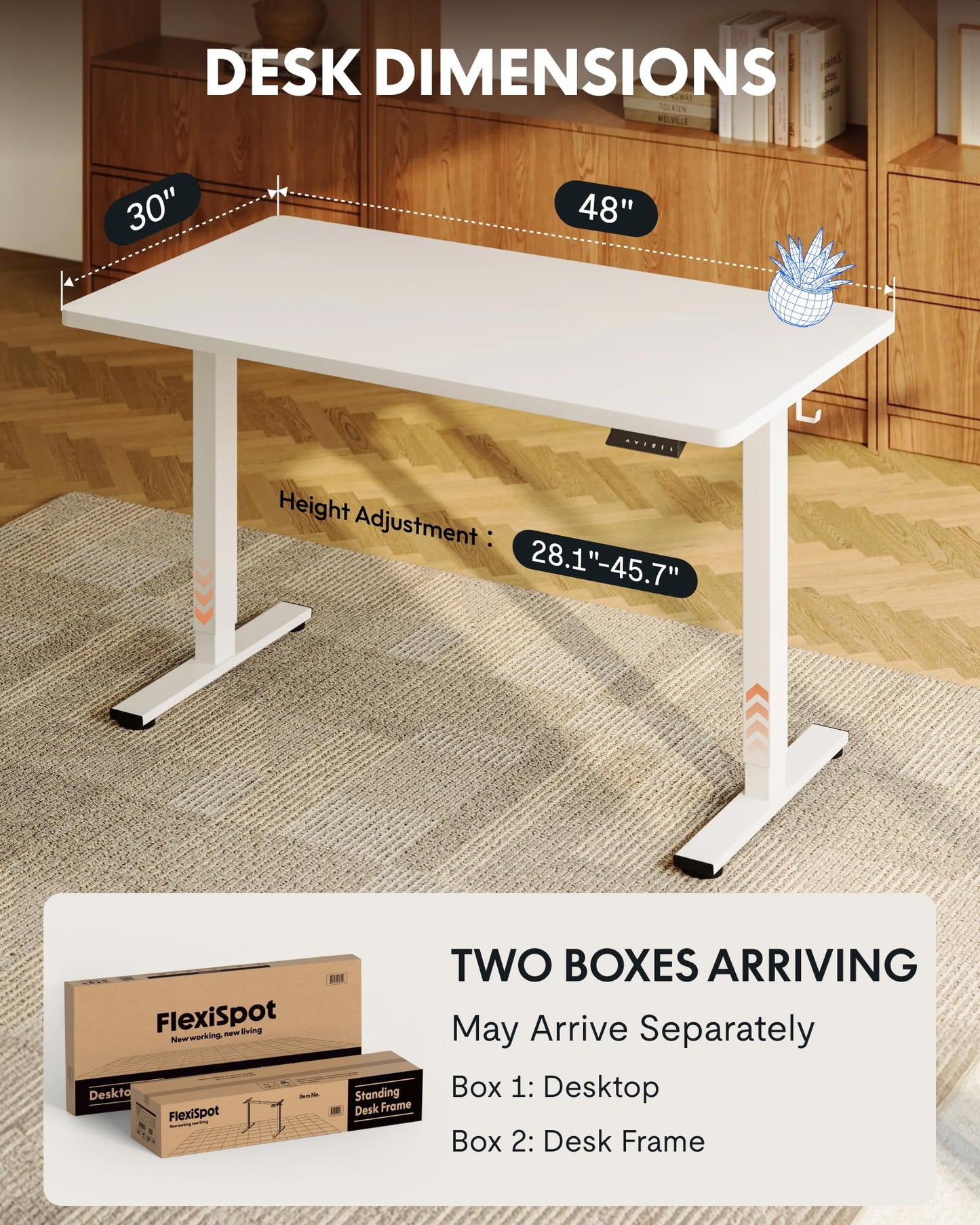 FLEXISPOT EN1 One-Piece Standing Desk with 1-Inch Thick Seamless Desktop, 48"x30" Electric Height Adjustable Desk for Home Office, Multi-Monitor Setups & Easy Assembly, White