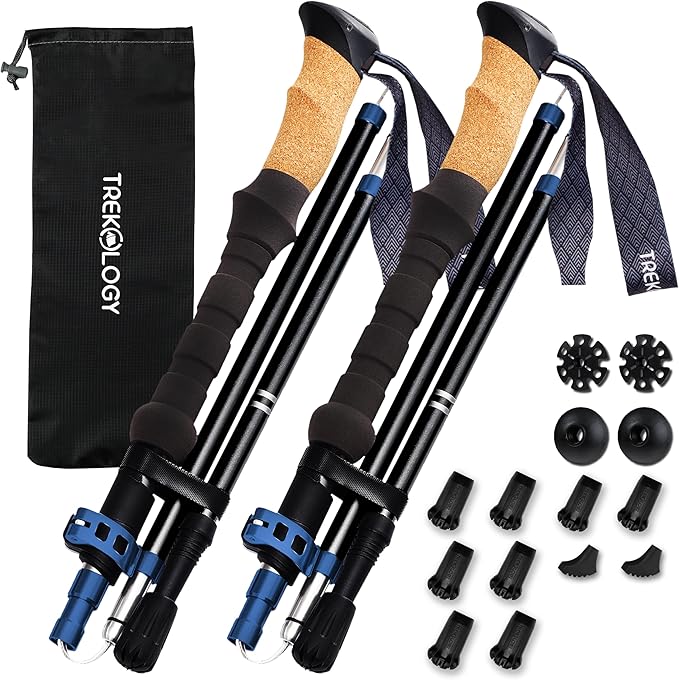 TREKOLOGY Trek-Z Cork Grip Trekking Poles Bundle with 6 Rubber Tip Replacements – Lightweight Folding Hiking Poles, Adjust...