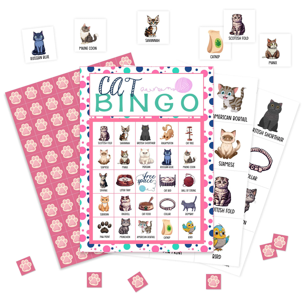 valucise Cat & Kitten Bingo Game Cards for Adults - Pawty Party Supplies, Birthday Bingo Decor & Favors, Card Gifts for Cat Lovers - 02
