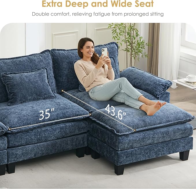 URRED Cloud Couch Modular Sectional Sofa, 87" Modern Loveseat Sofa with 2 Ottomans & Pillows, Ultra Comfy Chenille Couches for Living Room, Bedroom or Apartment, Blue