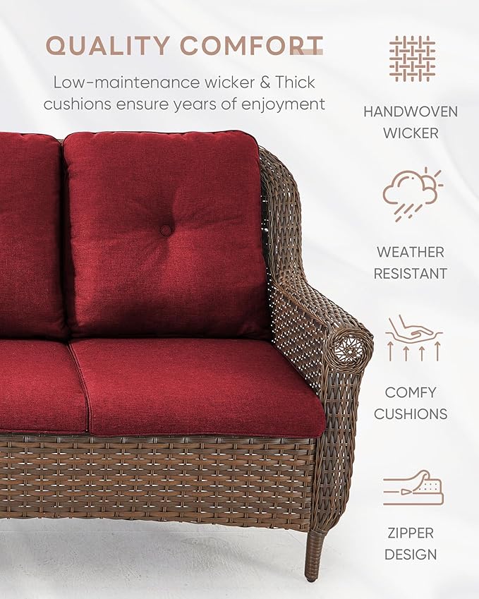ACTREST Patio Couch Outdoor Wicker Sofa - Heavy Duty All-Weather Brown Rattan 3-Seater with High Back and Comfortable Thick Cushions for Garden Back Porch Poolside Apartment - Red