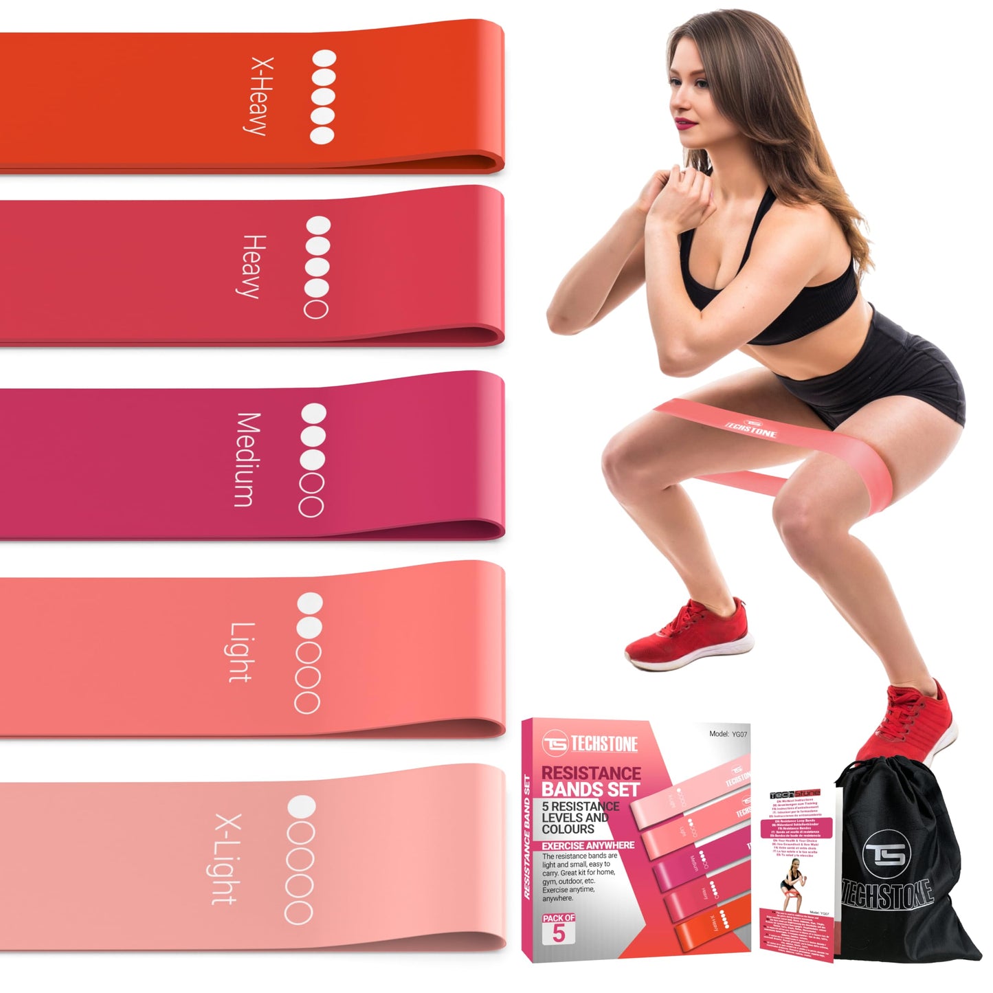 TechStone Resistance Bands Set for Men and Women, Pack of 5 Different Levels Elastic Band for Home Gym Long Exercise Workout – Great Fitness Equipment for Training, Yoga – Free Carrying Bag (Pink)