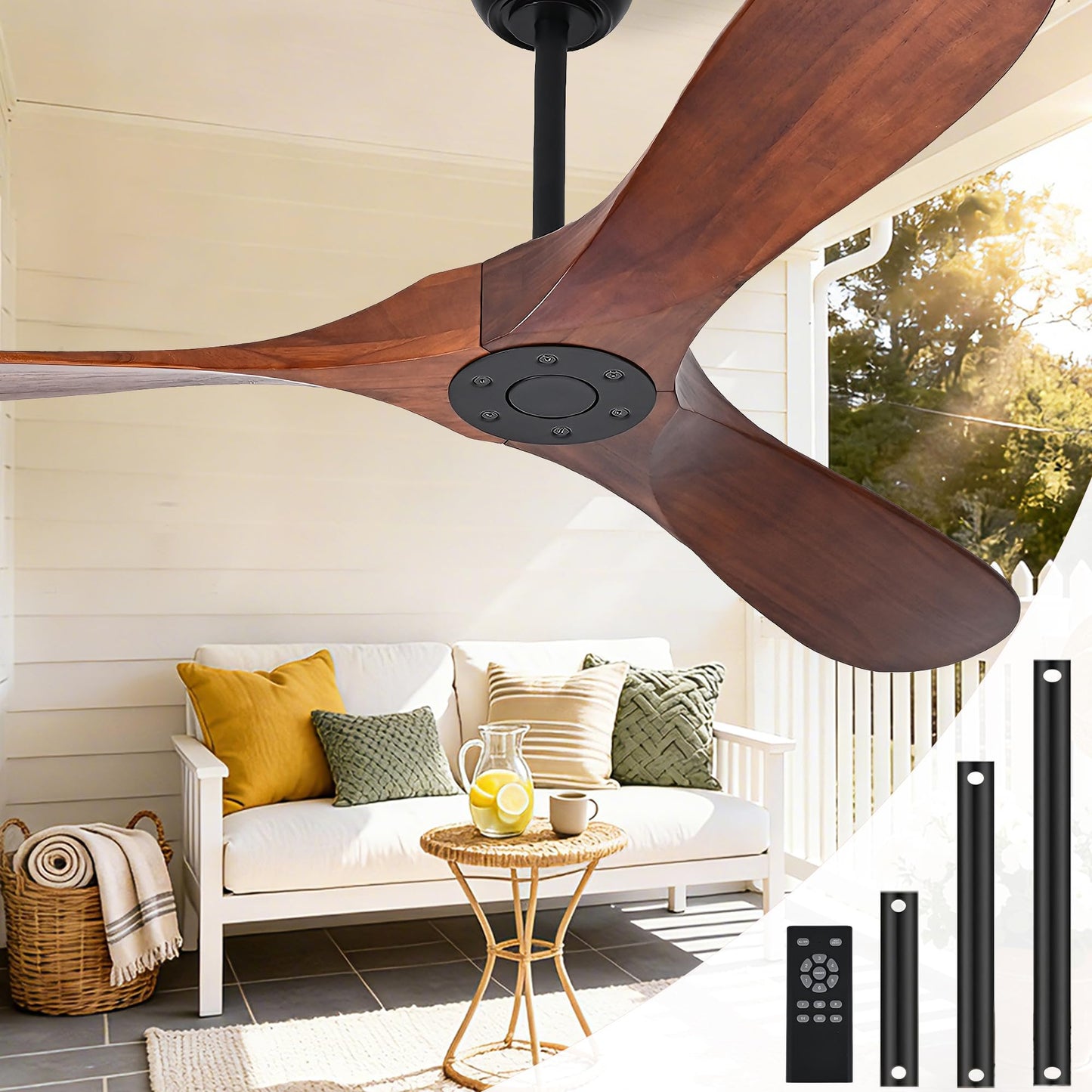 Zronon 52 Inch Ceiling Fan No Light, Wood Outdoor Ceiling Fans for Patios Living Room Bedroom, Indoor Modern 3 Blade Propeller Wet Rated Ceiling Fan without Lights with Remote (Walnut)