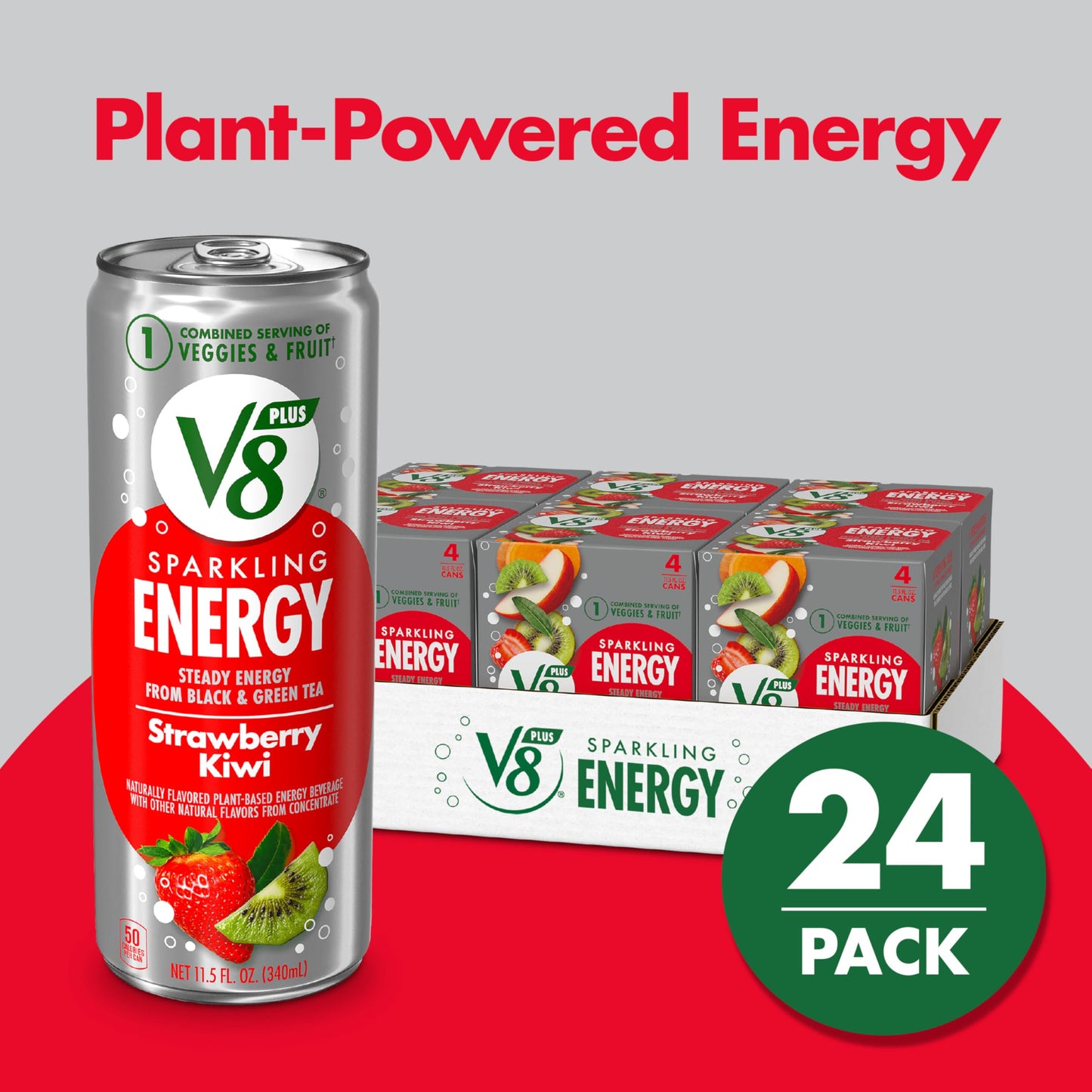 V8 +SPARKLING ENERGY Strawberry Kiwi Energy Drink, Made with Real Vegetable and Fruit Juices, 11.5 FL OZ Can (6 Packs of 4)