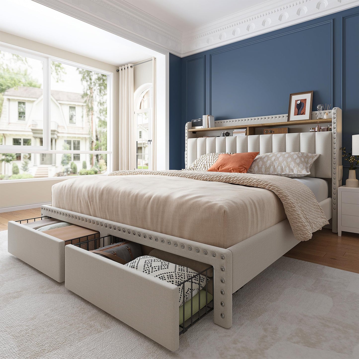 EnHomee Full Size Bed Frame with 2-Tier Storage Headboard, Upholstered Platform Bed Frame with 2 Storage Drawers, Sturdy Wooden Slats Support, Noise-Free, No Box Spring Needed, Beige